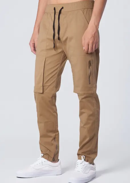 Mens Joggers with Zipper Pockets Slim Fit Dark Khaki