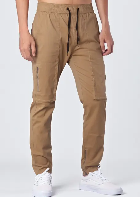 Mens Joggers with Zipper Pockets Slim Fit Dark Khaki