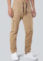 Mens Joggers with Zipper Pockets Slim Fit Khaki