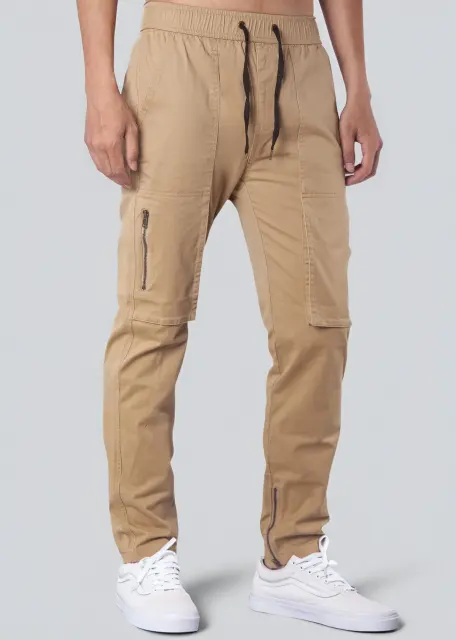 Mens Joggers with Zipper Pockets Slim Fit Khaki