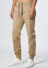 Man Khaki Jogger Pants with Wrinkled Design Slim Fit Khaki