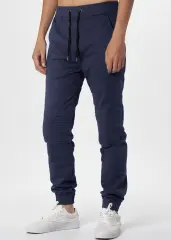 Man Khaki Jogger Pants with Wrinkled Design Slim Fit Navy Blue