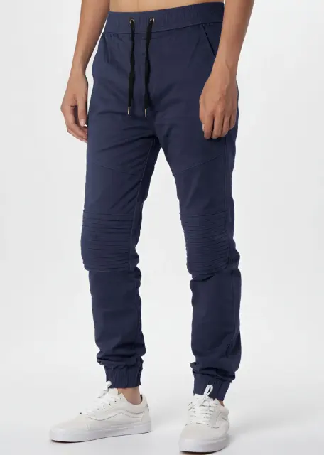 Man Khaki Jogger Pants with Wrinkled Design Slim Fit Navy Blue
