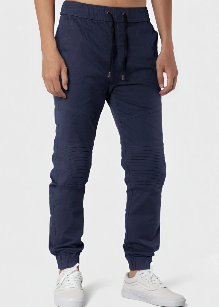 Man Khaki Jogger Pants with Wrinkled Design Slim Fit Navy Blue