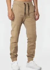 Man Khaki Jogger Pants with Wrinkled Design Slim Fit Khaki