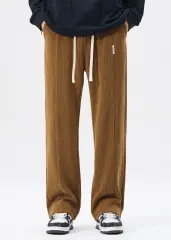 Men Corduroy Pants with Pockets Elastic Waist Casual Relaxed Fit Brown