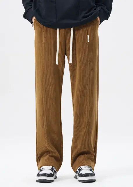 Men Corduroy Pants with Pockets Elastic Waist Casual Relaxed Fit Brown
