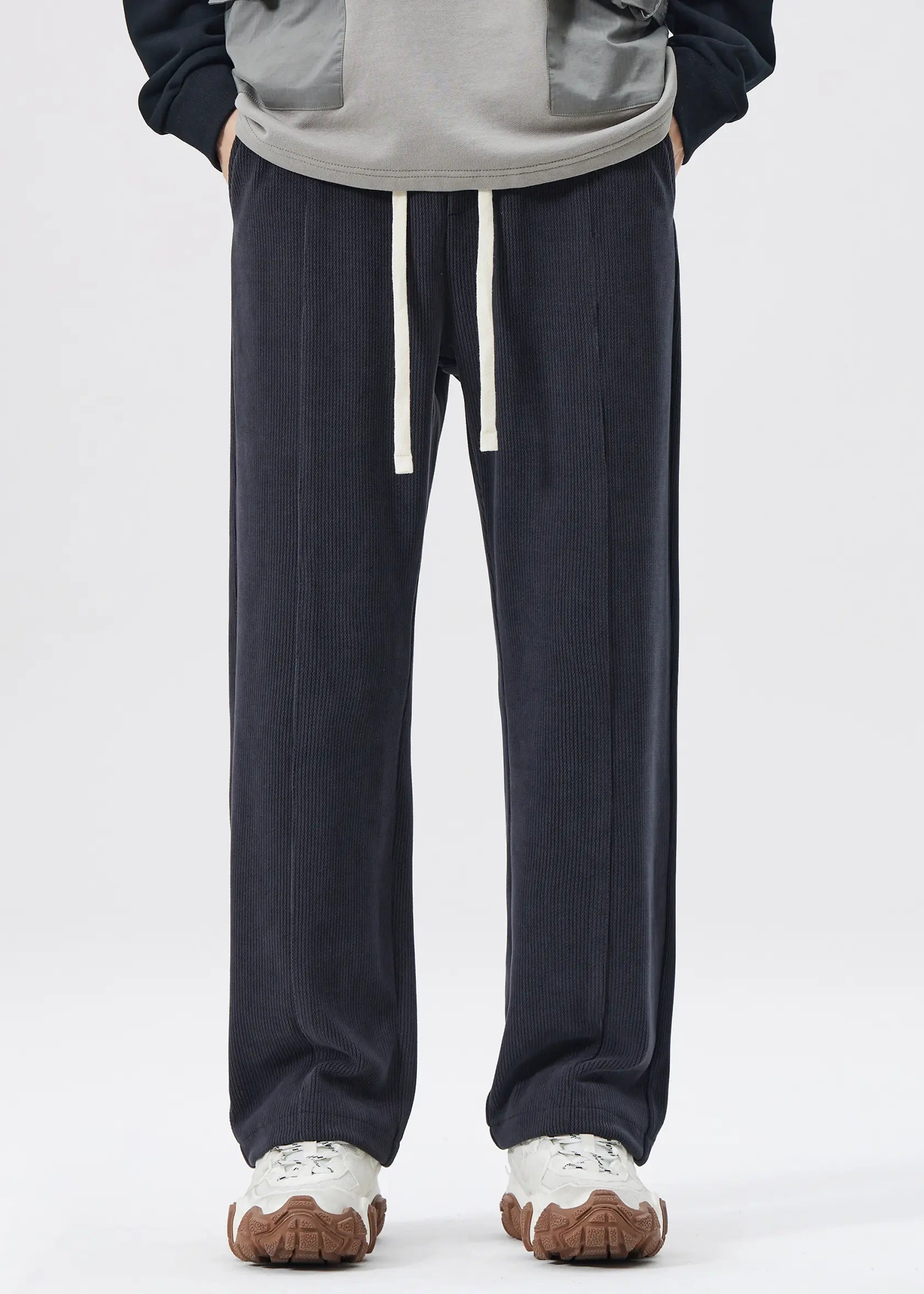 Men Corduroy Pants with Pockets Elastic Waist Casual Relaxed Fit Dark Grey