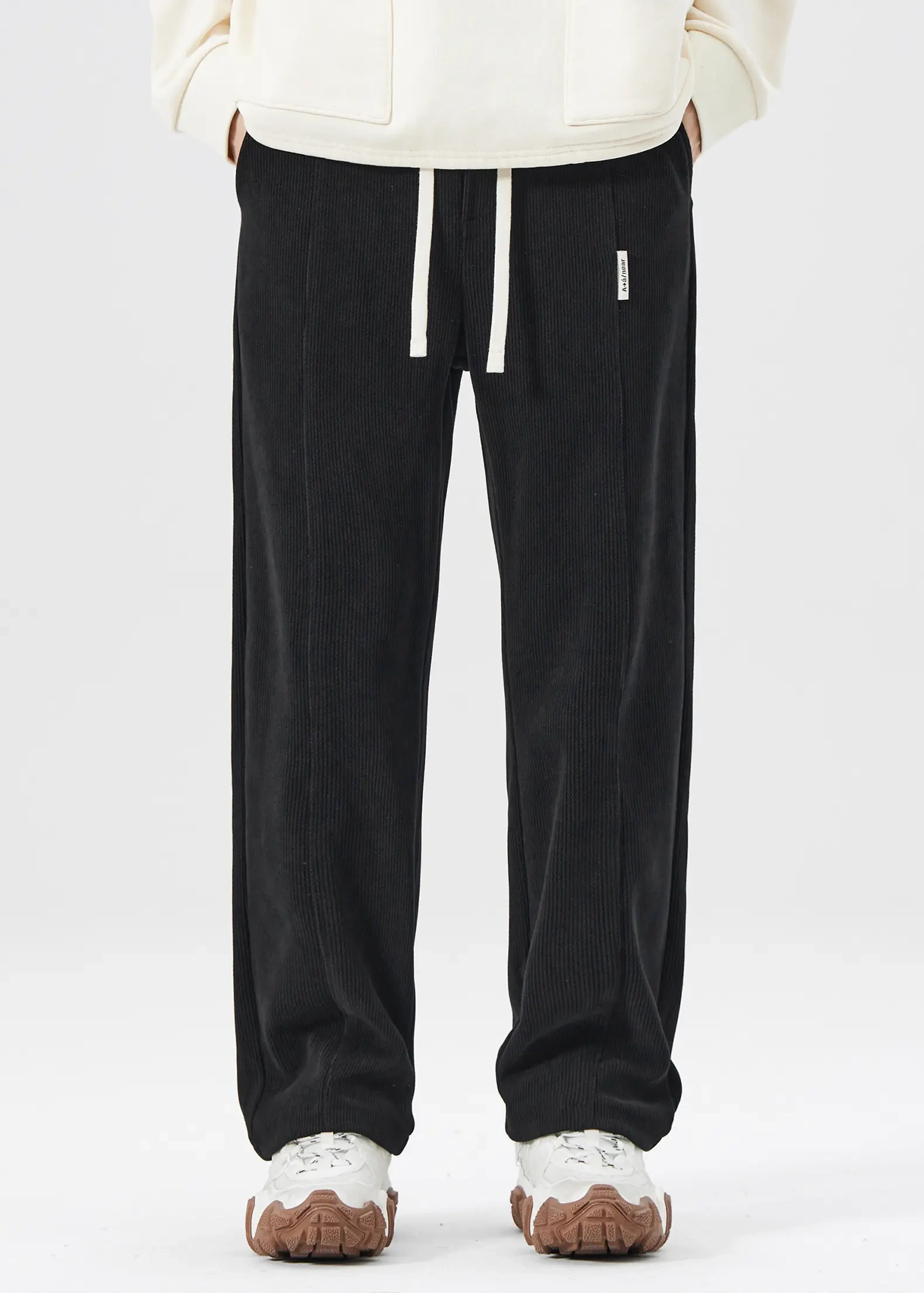 Men Corduroy Pants with Pockets Elastic Waist Casual Relaxed Fit Black
