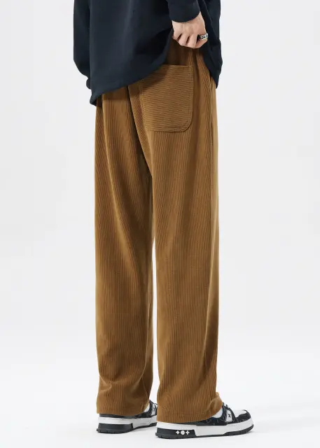 Men Corduroy Pants with Pockets Elastic Waist Casual Relaxed Fit Brown
