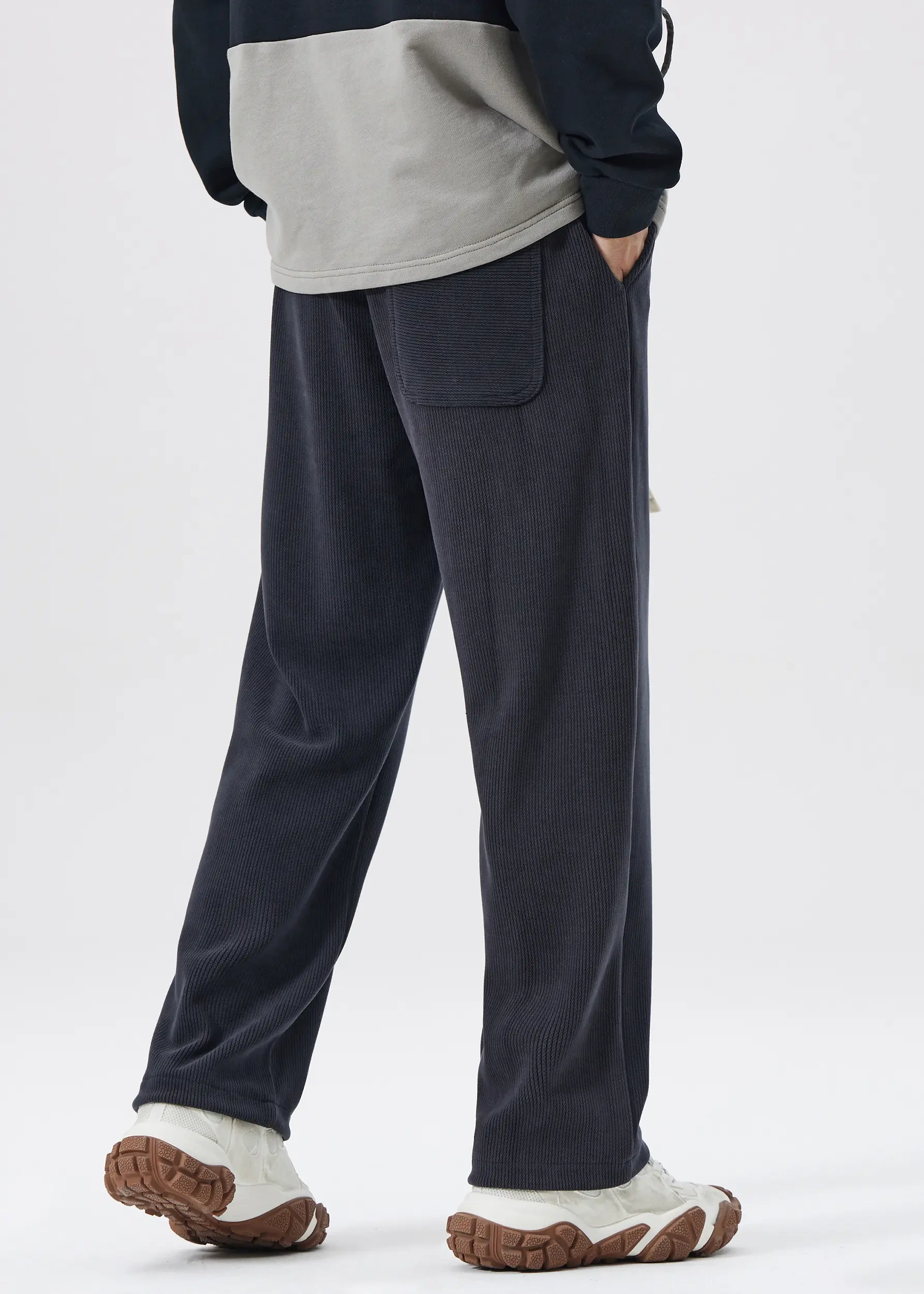 Men Corduroy Pants with Pockets Elastic Waist Casual Relaxed Fit Dark Grey