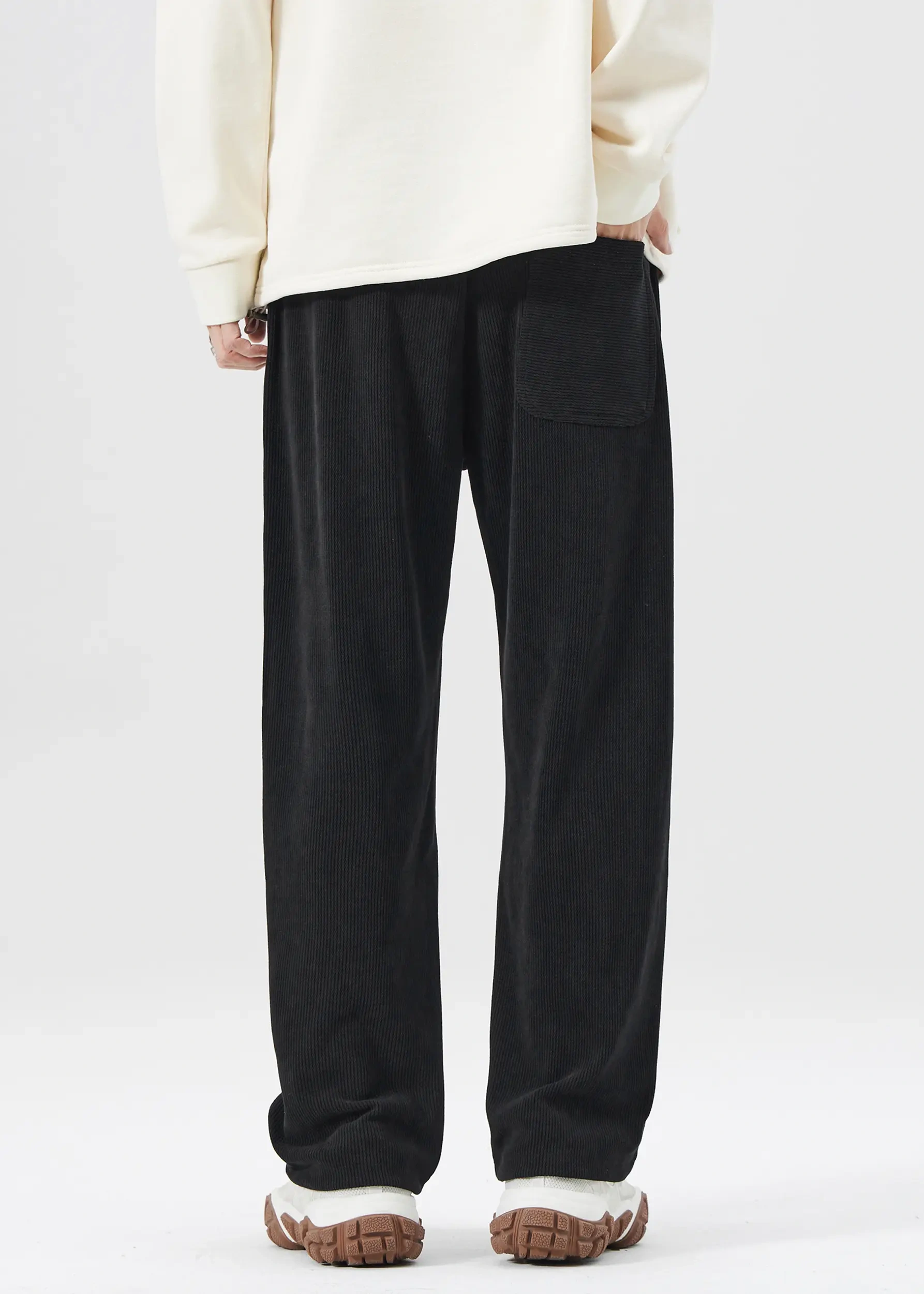 Men Corduroy Pants with Pockets Elastic Waist Casual Relaxed Fit Black