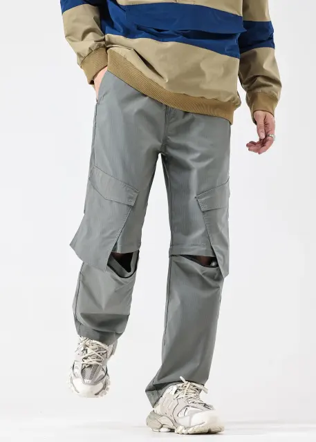 Mens Utility Convertible Hiking Pants Quick Dry Zip Off Travel Safari Pants Loose Fit Mid Grey