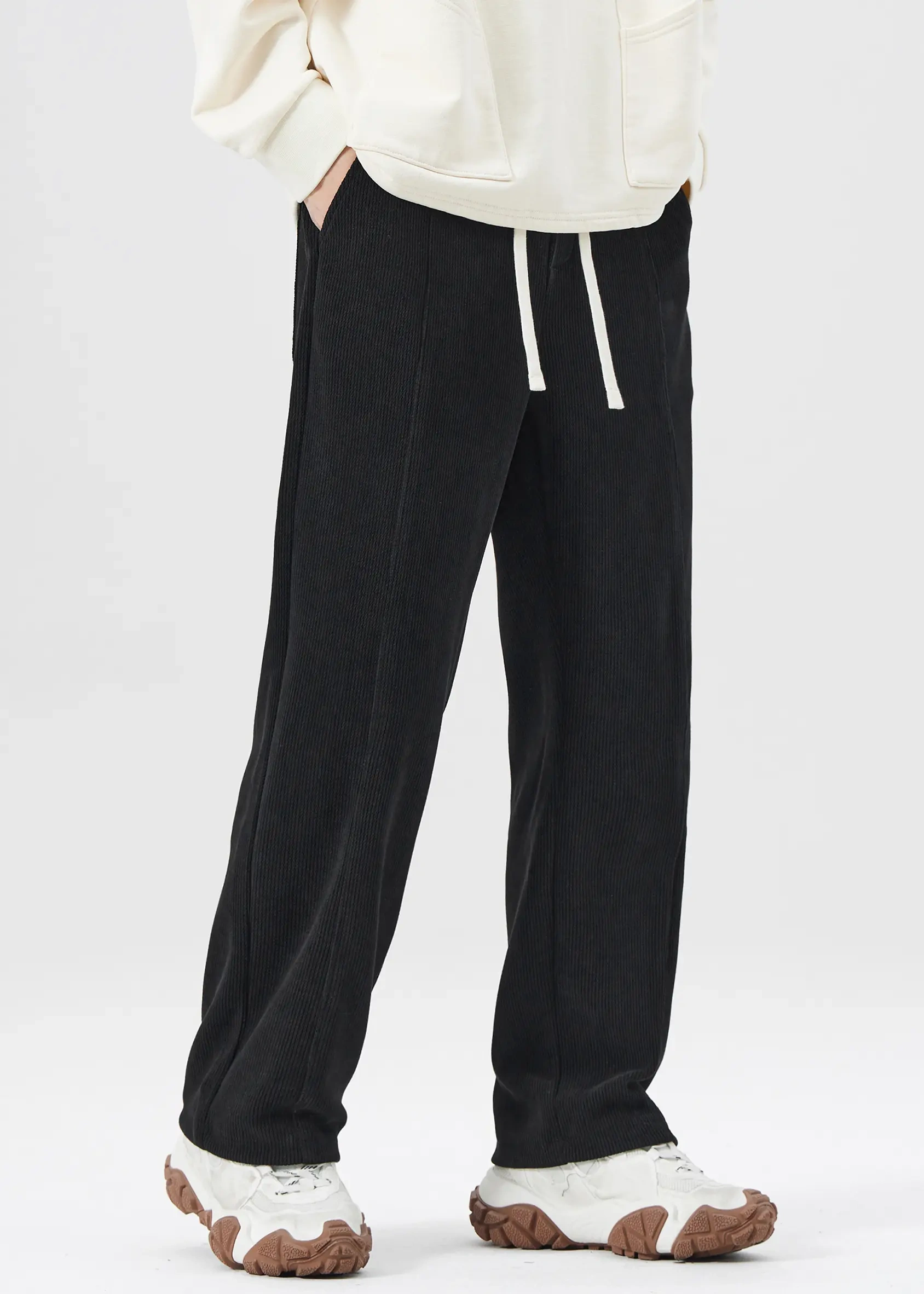 Men Corduroy Pants with Pockets Elastic Waist Casual Relaxed Fit Black