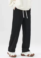 Men Corduroy Pants with Pockets Elastic Waist Casual Relaxed Fit Black