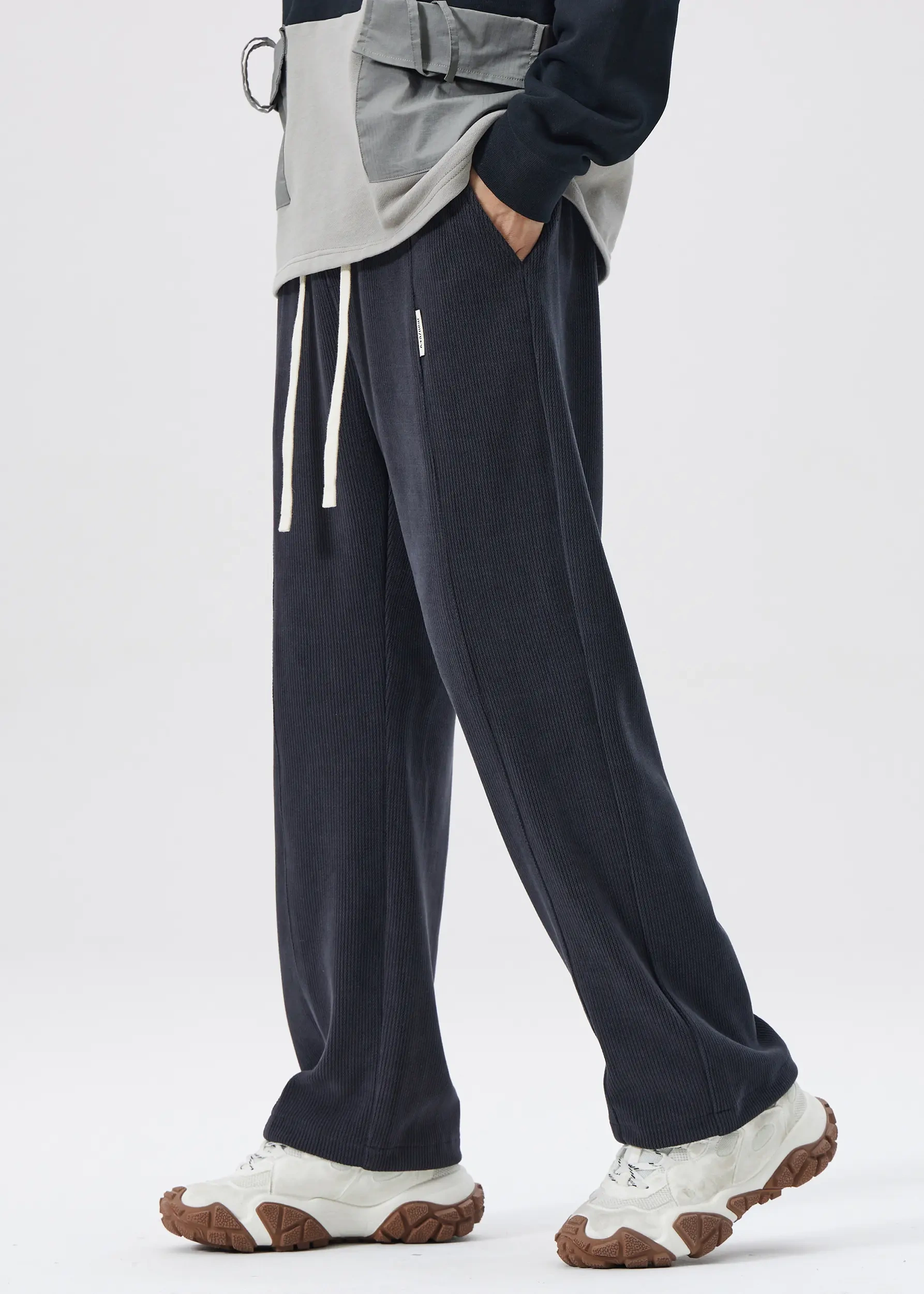 Men Corduroy Pants with Pockets Elastic Waist Casual Relaxed Fit Dark Grey