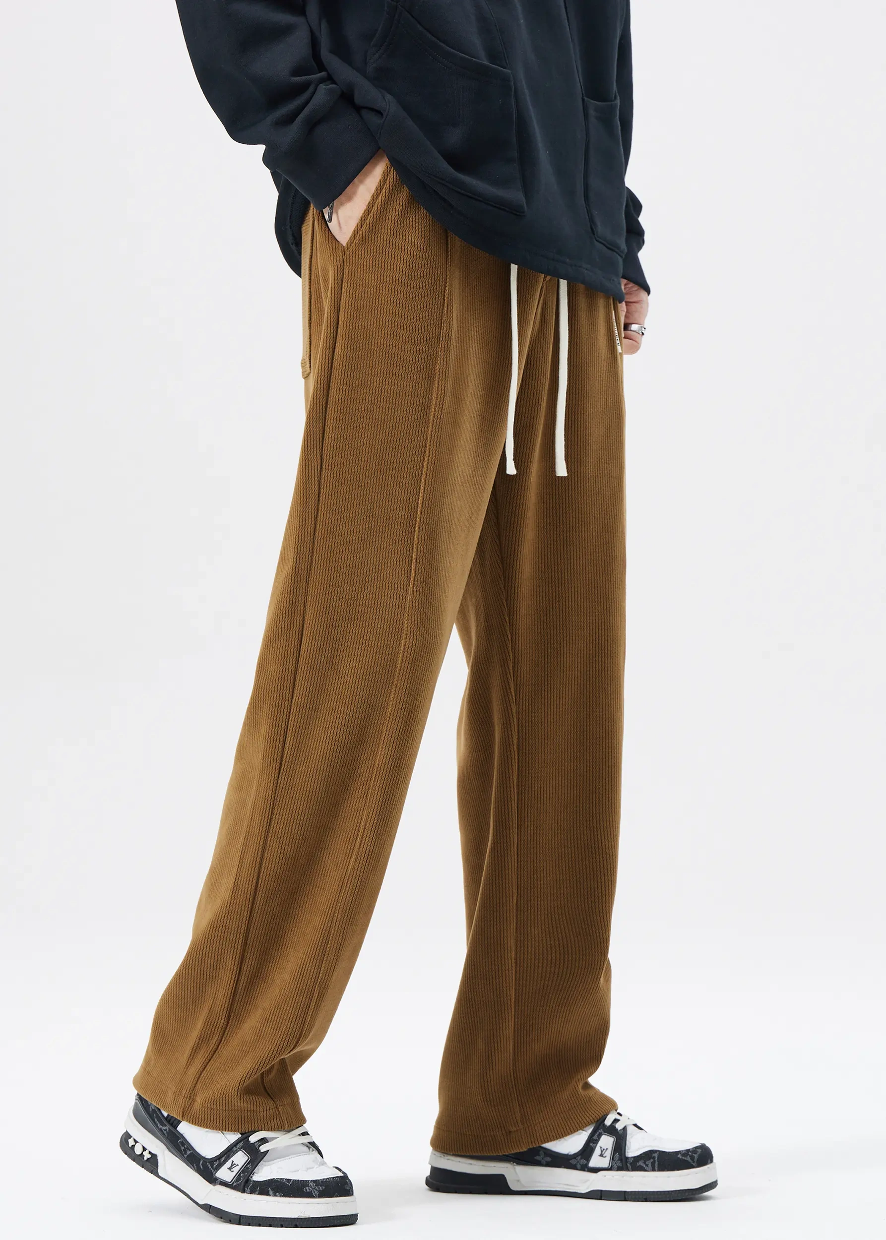 Men Corduroy Pants with Pockets Elastic Waist Casual Relaxed Fit Brown
