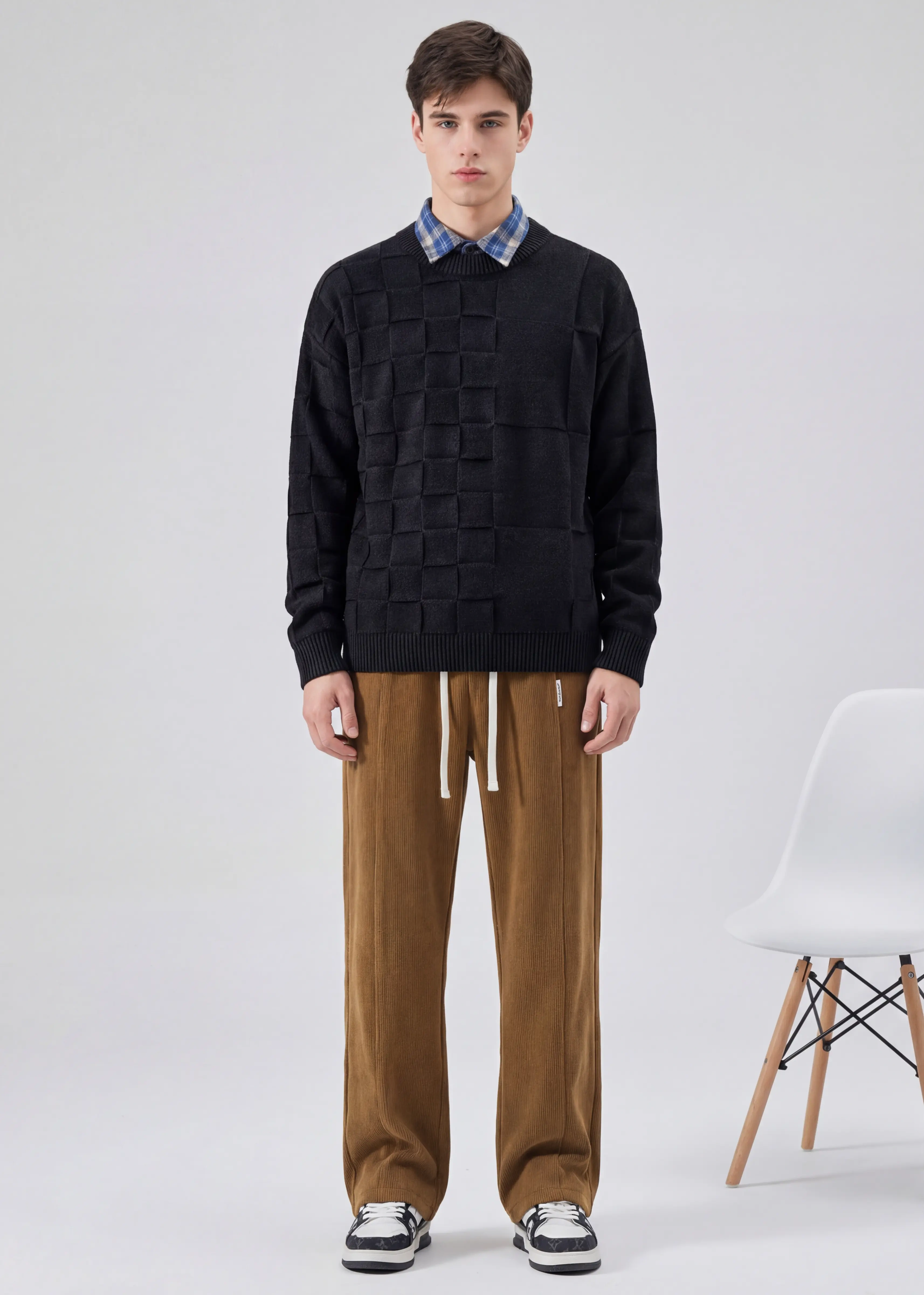 Men Corduroy Pants with Pockets Elastic Waist Casual Relaxed Fit Brown