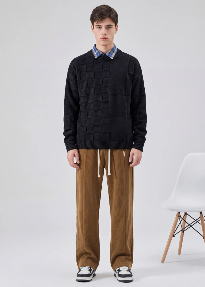 Men Corduroy Pants with Pockets Elastic Waist Casual Relaxed Fit Brown