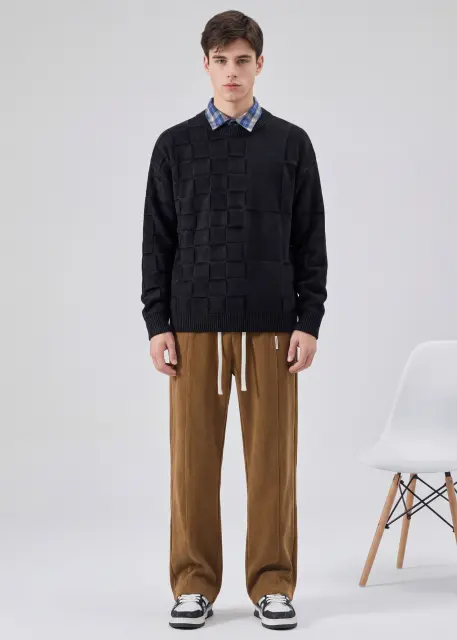 Men Corduroy Pants with Pockets Elastic Waist Casual Relaxed Fit Brown