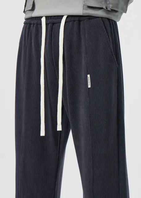 Men Corduroy Pants with Pockets Elastic Waist Casual Relaxed Fit Dark Grey