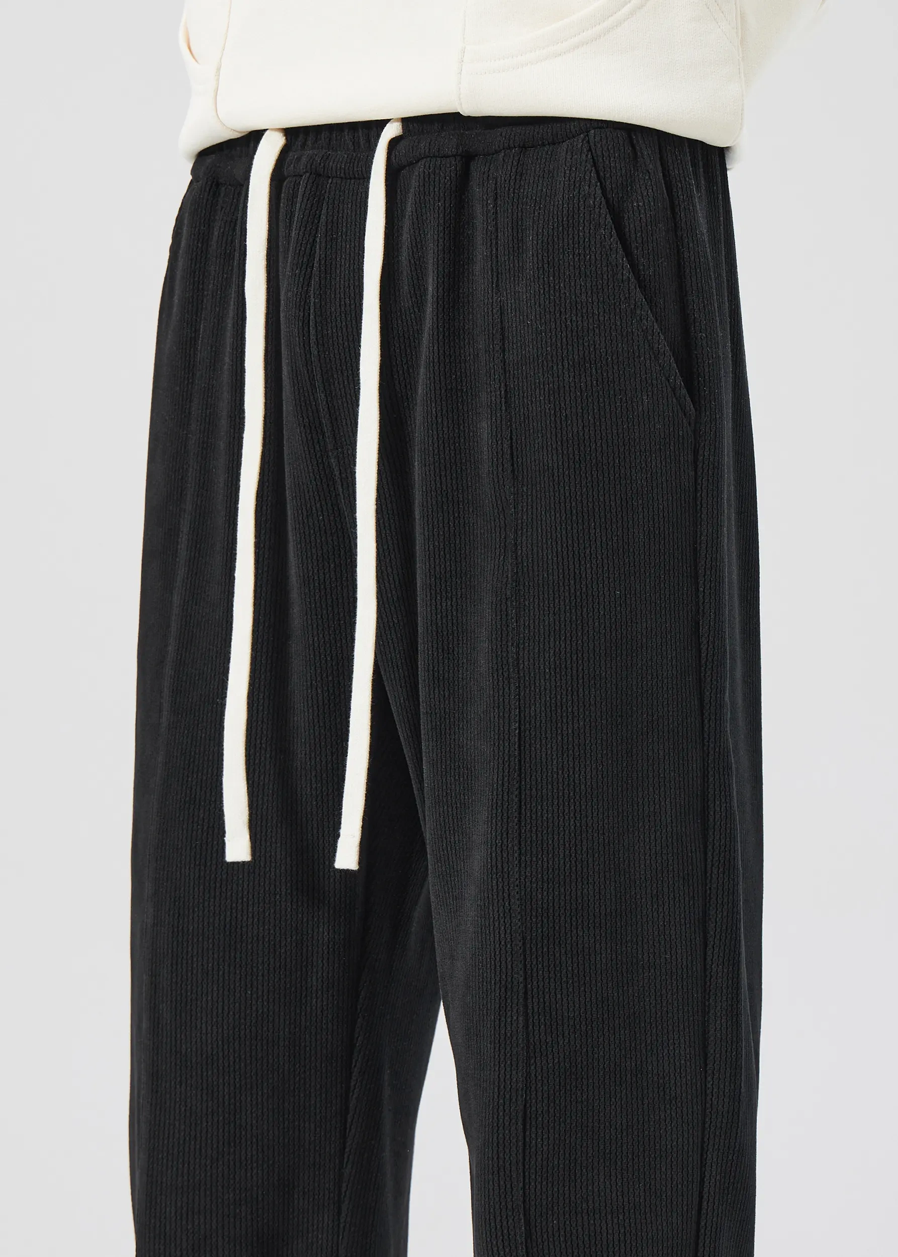 Men Corduroy Pants with Pockets Elastic Waist Casual Relaxed Fit Black
