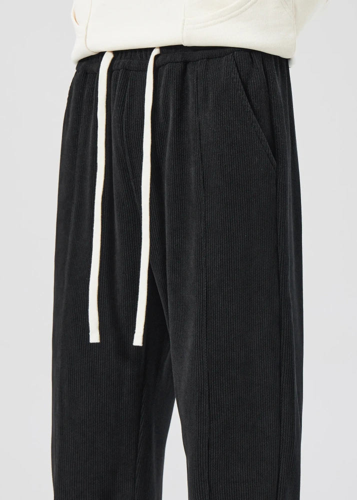 Men Corduroy Pants with Pockets Elastic Waist Casual Relaxed Fit Black