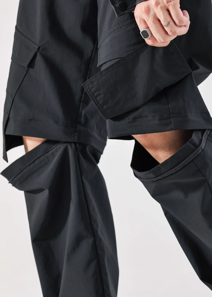 Mens Utility Convertible Hiking Pants Quick Dry Zip Off Travel Safari Pants Loose Fit Black