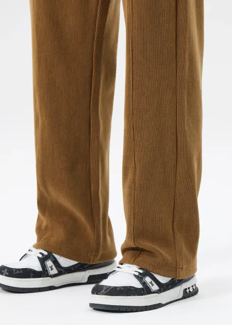 Men Corduroy Pants with Pockets Elastic Waist Casual Relaxed Fit Brown