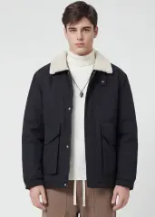 Men Puffer Down Jacket with SherpaTurn-down Collar Black