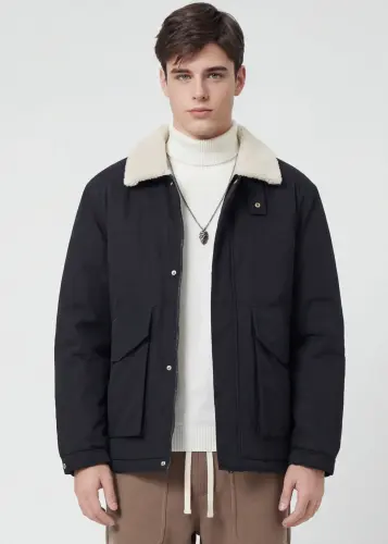 Men Puffer Down Jacket with SherpaTurn-down Collar Black