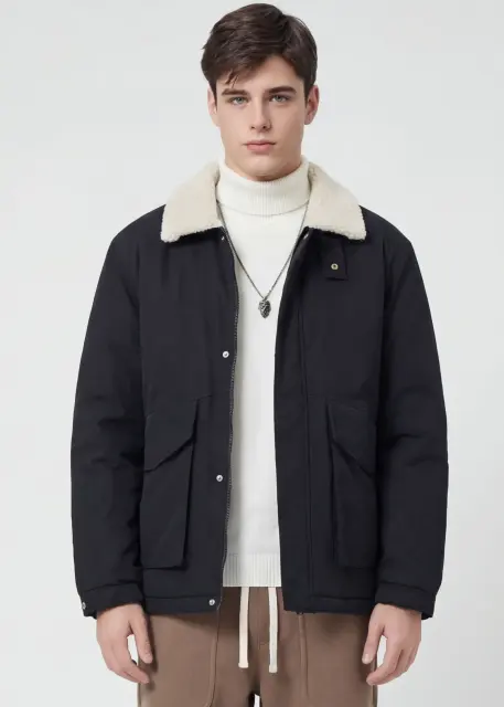 Men Puffer Down Jacket with SherpaTurn-down Collar Black