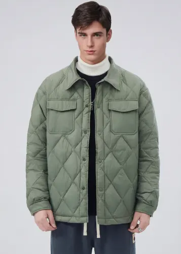 Men Rhombus Down Quilted Puffer Jacket Army Green