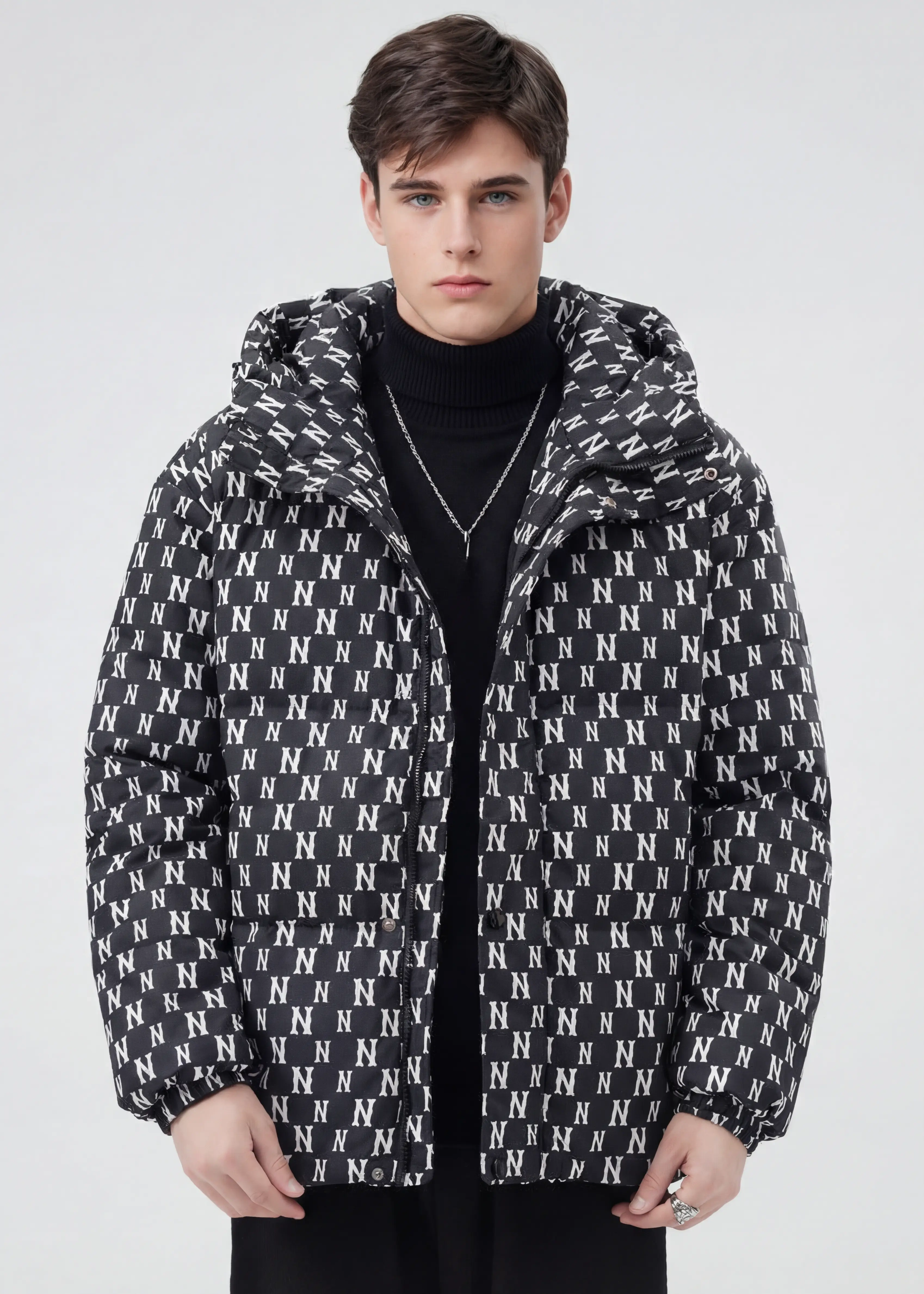 Men Puffer Down Jacket with Hood for Winter Black