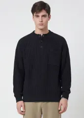 Mens Botton Mock Neck Pullover Sweater Black