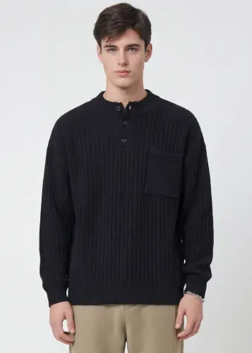 Mens Botton Mock Neck Pullover Sweater Black