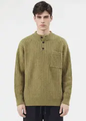 Mens Botton Mock Neck Pullover Sweater Olive