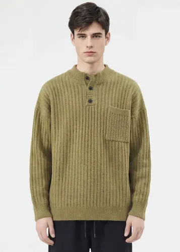 Mens Botton Mock Neck Pullover Sweater Olive