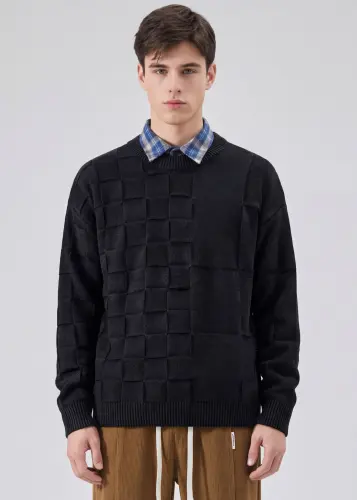 Mens Crewneck Pullover Fisherman Sweater Black