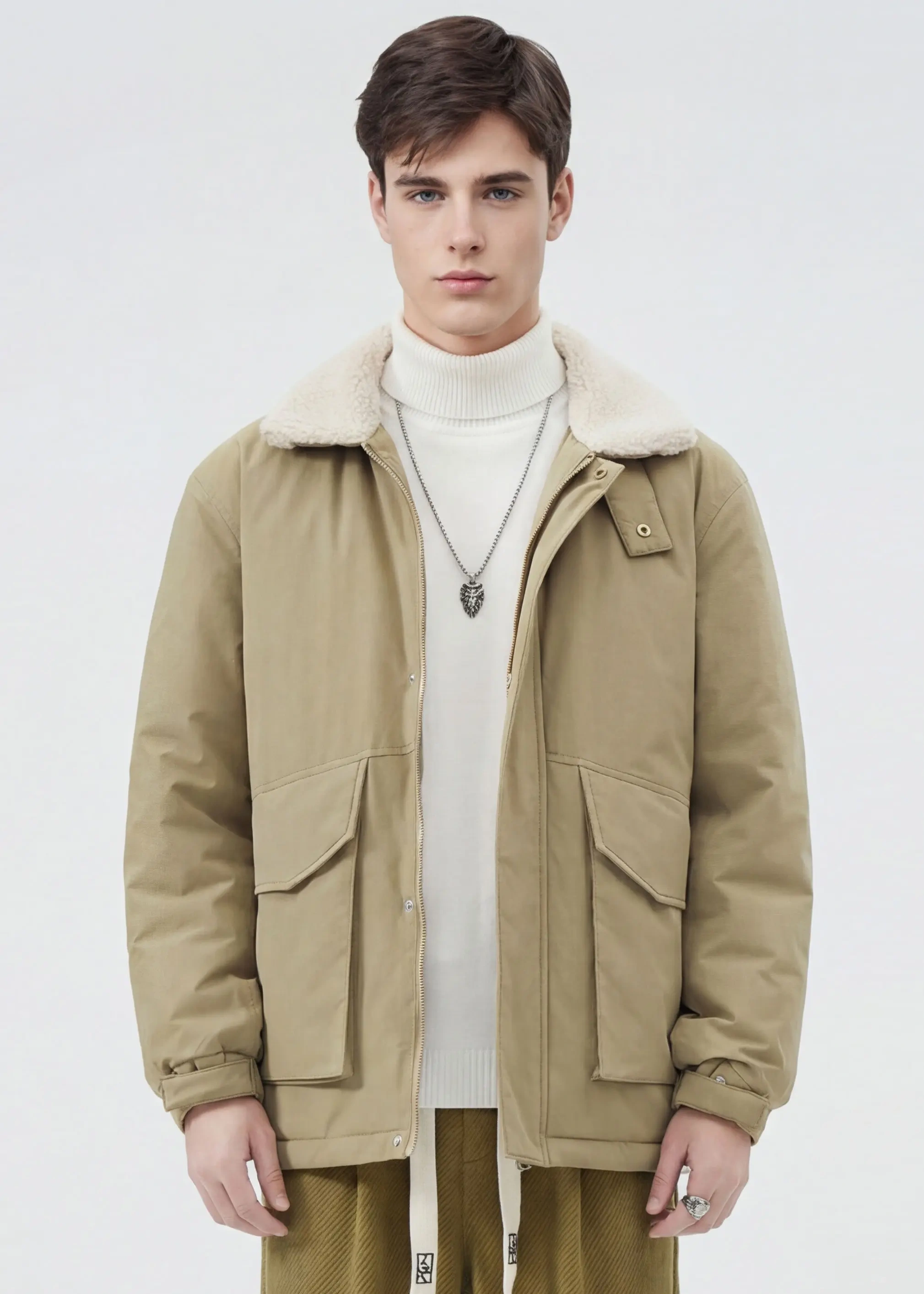Men Puffer Down Jacket with SherpaTurn-down Collar Khaki