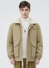 Men Puffer Down Jacket with SherpaTurn-down Collar Khaki
