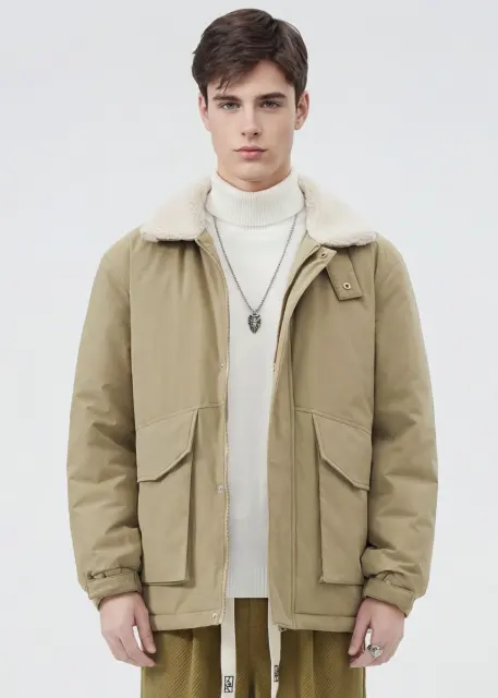 Men Puffer Down Jacket with SherpaTurn-down Collar Khaki