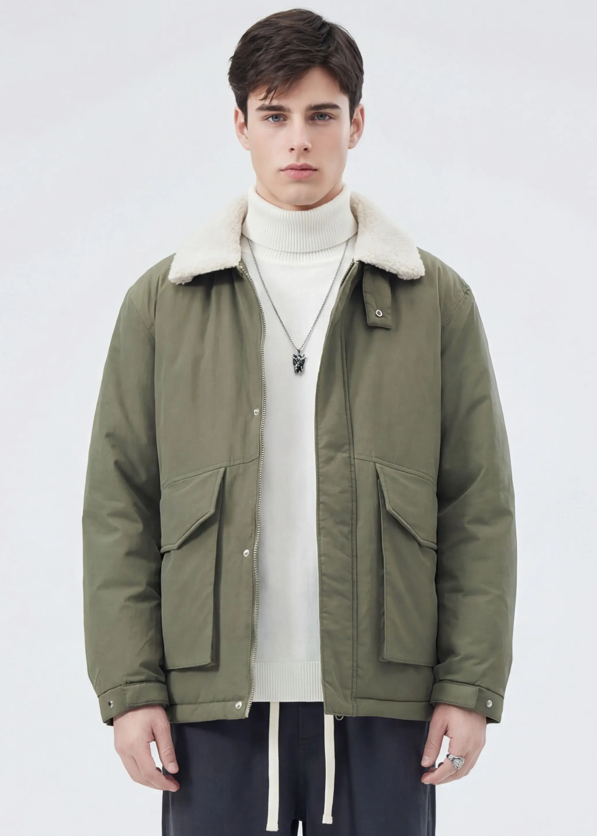 Men Puffer Down Jacket with SherpaTurn-down Collar Army Green