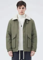 Men Puffer Down Jacket with SherpaTurn-down Collar Army Green