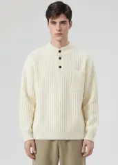 Mens Botton Mock Neck Pullover Sweater Beige