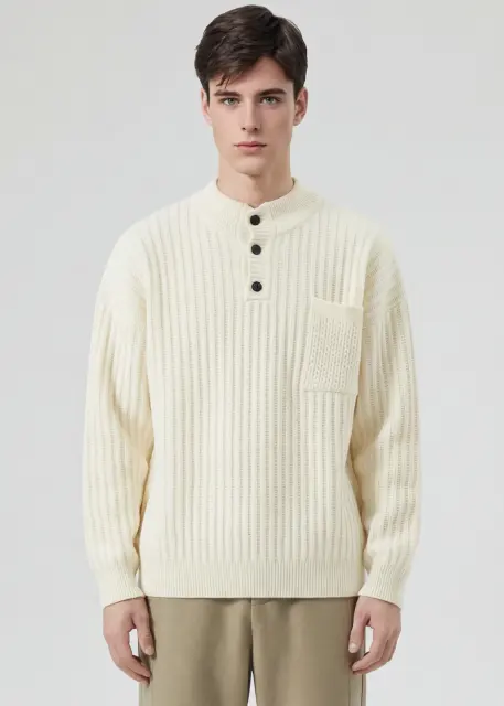 Mens Botton Mock Neck Pullover Sweater Beige