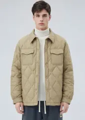 Men Rhombus Down Quilted Puffer Jacket Khaki