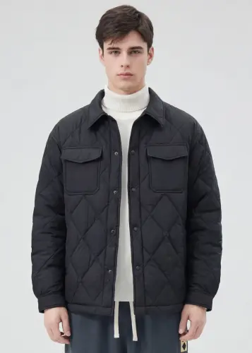 Men Rhombus Down Quilted Puffer Jacket Black