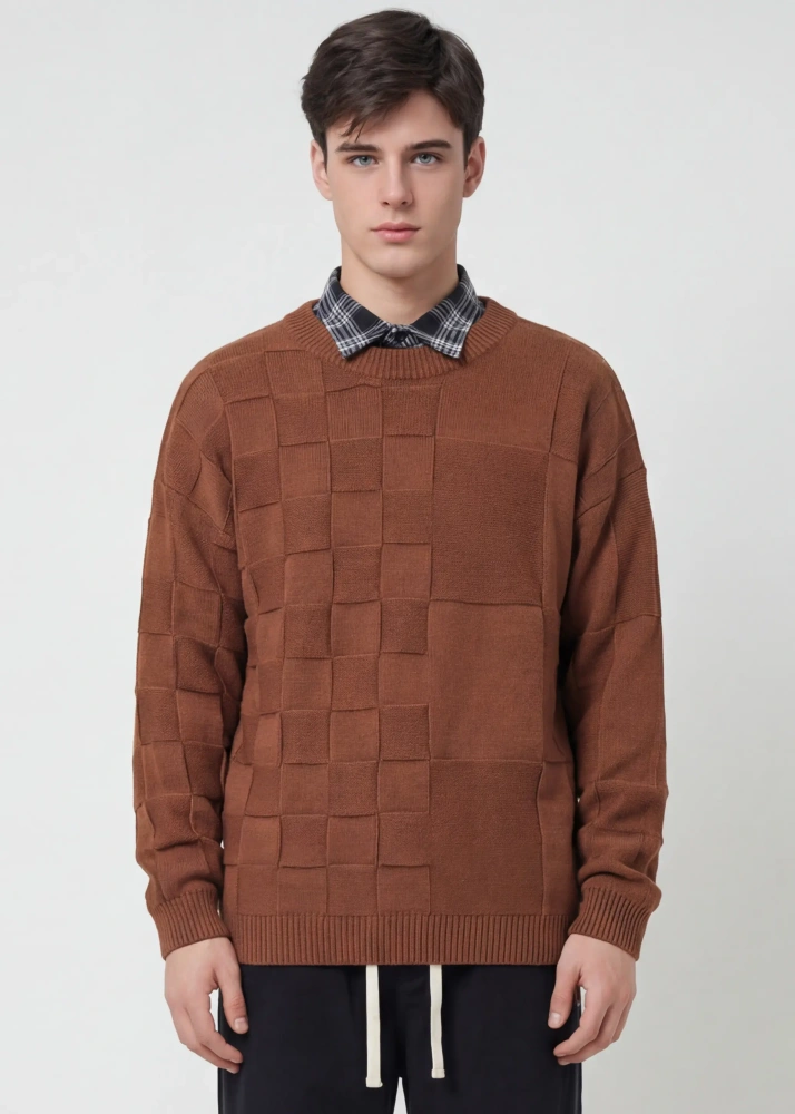 Mens Crewneck Pullover Fisherman Sweater Coffee