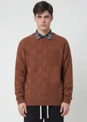 Mens Crewneck Pullover Fisherman Sweater Coffee